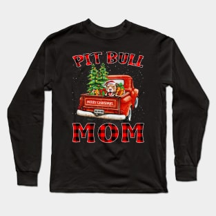 Christmas Pit Bull Mom Santa Hat Truck Tree Plaid Dog Mom Christmas Long Sleeve T-Shirt